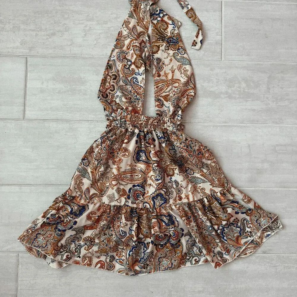 SHEIN Mini Dress Paisley Print Halter Neck Ruffle Convertible Multi-Way V Neck